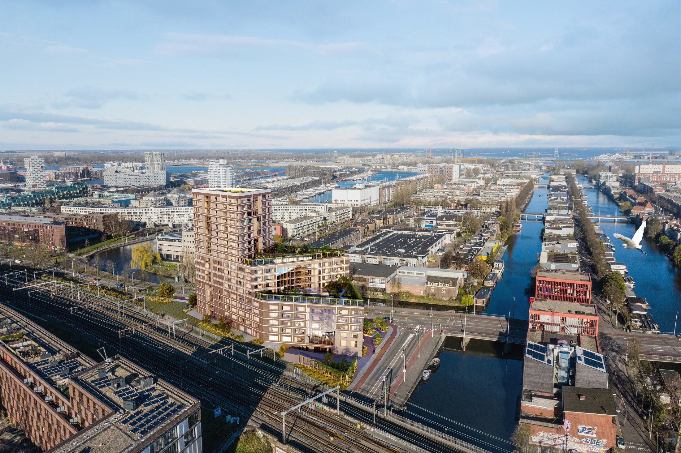 Artist impression (vanuit vogelvlucht perspecties) van de woontoren Fibonacci in Amsterdam